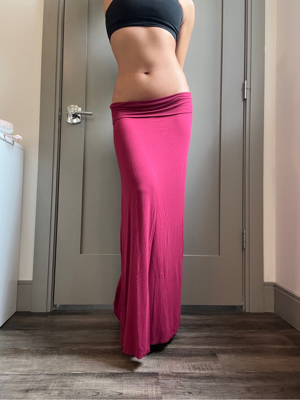 Wine red maxi skirt with fold over waistband